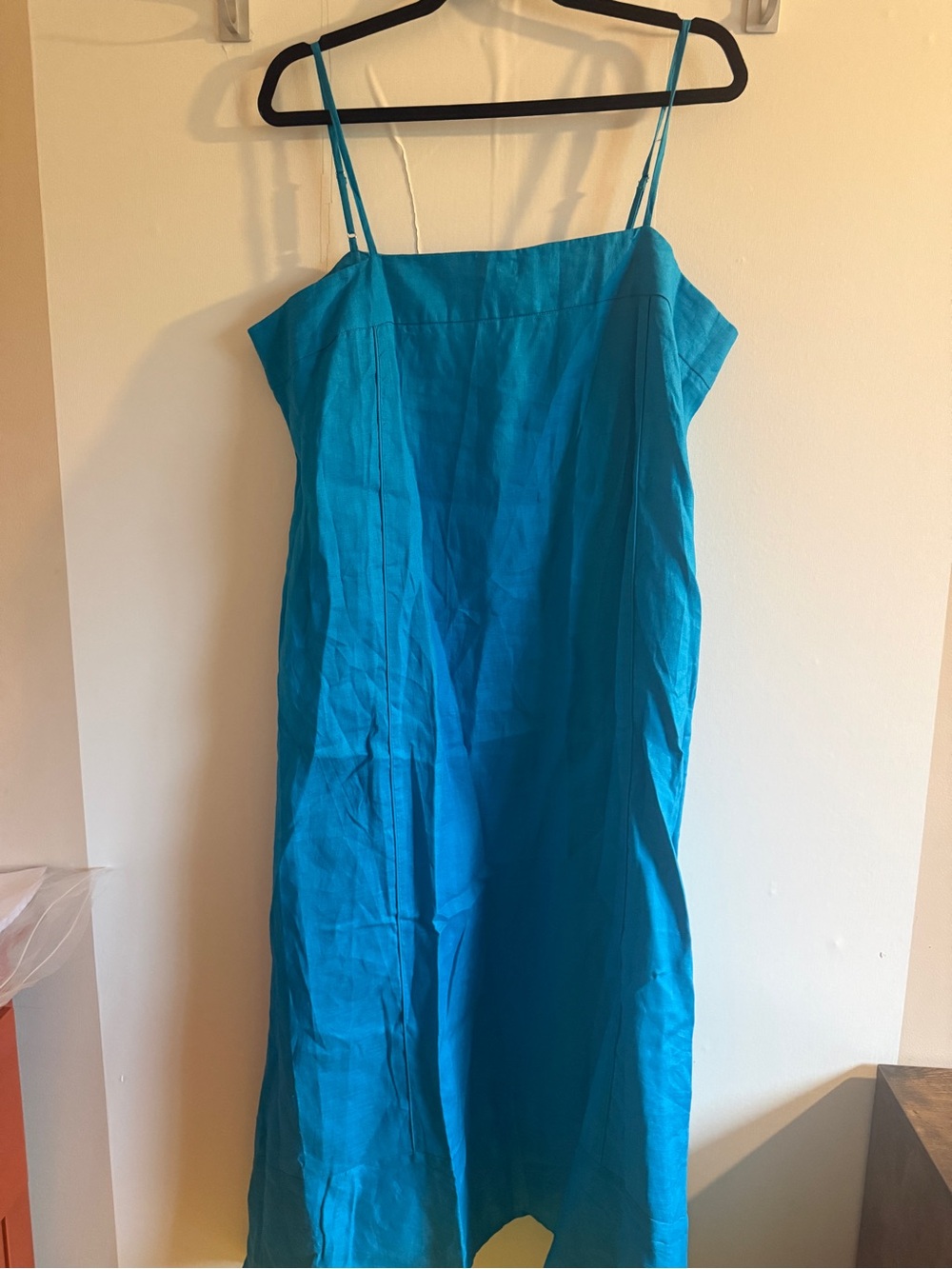 DKNY Pure Linen Maxi Dress Large Turquoise Blue Spaghetti Strap Minimalist